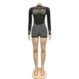 Sexy Diamond Crystal Skinny Short Jumpsuit Women New Stand Long Sleeve See Through Playsuit Night Clubwear