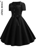 Spring Solid Color Party Flare Women Dress With Button Retro Robe De Cocktail Summer 50s 60s Tunic Swing Rockabilly