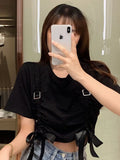 Black Bow Lace Up Gothic Crop Top Women 2023 Summer Streetwear Harajuku Causal Tees Short Sleeve Goth T-Shirt
