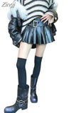 Spring Summer Black Shiny Patent Pu Leather Mini Pleated Skirt Women Belt High Waist Short Luxury Designer Y2K