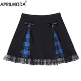 Black Plaid Lace skirts Womens Girls Y2K Summer Vintage Kawaii Streetwear Cute Mini Pleated Skirt Gothic Hippie Kawaii