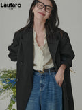 Spring Autumn Extra Long Loose Casual Flowy Black Trench Coat for Women Double Breasted Korean Style Maxi Overcoat