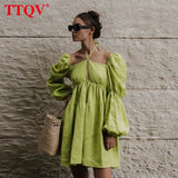 Sexy Halter Lace-Up Mini Dress Ladies Autumn Puff Sleeve Hollow Out Vintage Dress Elegant Ruched Party Dresses For