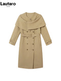 Spring Autumn Elegant Chic Long Khaki Shawl Style Trench Coat for Women Double Breasted Luxury Designer Clothing