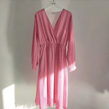 2021 Women Dress Heart Print vestidos Wrap around v neck Long sleeve Fashion Pink Chiffon