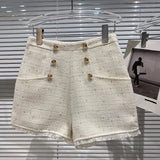 2022 Fall Winter Turn Down Collar Double Breasted Metal Buttons Slim Blazer Tweed Shorts Two Piece Set Women