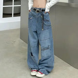 Retro Old Multi-Pocket Jeans Women's Y2K New Street Hip Hop Straight Wide-Leg Pants Harajuku Casual Loose Mopping