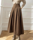 Women Woolen Skirts For Female Pockets Office Ladies Casual Loose A-Line High Waist Midi Skirt Autumn Winter Black
