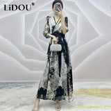 Elegant Fashion Vintage Print Waist Lace Up Long Dress Women Sexy V-neck Temperament Dresses Casual Robe Vestidos