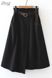 Women Elegant Chic Split Midi Skirt Autumn Winter Solid Elastic High Waist Casual Office Lady A Line Long
