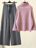 Two Piece Sets Women Winter Korean Casual Turtleneck Knitted Sweater And Wide Leg Knitting Pants Suits Women Homewear