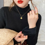 Solid Sweater Women Plus Velvet Knitted Pullovers Korean Fleece Thick Half High Collar Knitwear Basic Elastic Slim
