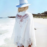 Queens Women Print Lace Splicing Bohemian White Short Kimono Robe Ladies V-neck Batwing Sleeves Boho Bikini