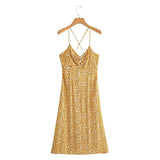 Queens Women Yellow Floral Print Sleeveless Beach Bohemian Rayon Dresses Ladies Summer Spaghetti Strap Boho Midi