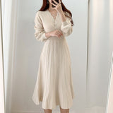Elegant Women Single-breasted Sweater Dress 2021 Spring Autumn Warm Slim Waist Female Knitted Dress A-line Vestidos