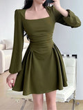 Style Spring A-Line Dress For Women 2023 New Square Collar Puff Sleeve Mini Dresses Casual Elegant Ladies