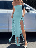 Irregular Ruffle Bandeau Maxi Dress- Outfit