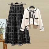 Women Autumn Winter Vintage fragrant Knitted Two Pieces Sets Korean Long Sleeve Knit Cardigan And High Waist Plaid Skirts