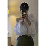Vintage Elegant White Shirts Women Sexy Skew Collar Off Shoulder Folds Puff Sleeve Chic Blouses Korean Ruffles Loose