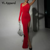 Spring Summer Women Elegant One Shoulder Diagonal Collar Long Evening Dress Sexy Black Red High Split Maxi Party
