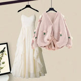 Women Spring Two Pieces Sets Korean Long Sleeve Knitted Sweater Cardigan And Ruffles Patchwork Mesh Long Dress
