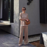 Fashion Suit Temperament Bumpy Open Fork Short-Sleeved Knit Shirt High Waist Thin Leg Trousers Two