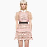 High Quality Summer Runway Self Portrait Dresses Elegant Hollow Out Patchwork Fashion Short Mini Pink