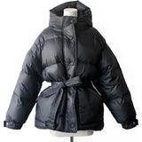 Black Women's Fashion Down Parka Winter Jacket Simple Cuff Design Windproof Warm Female High Quality Coats With Belt