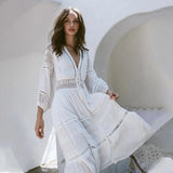 Sexy Hollow Out White Summer Dress Beach Tunic Women Beachwear Long Sleeve Front Open Self Belted Maxi Dresses