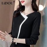 Autumn Black Patchwork Elegant Fashion Simple Chiffon Shirt Office Lady Long Sleeve All-match Pullover Blouse Femme