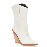 Women Boots Pu Leather Wedge High Heel Ankle Boots Pointed Toe Winter Cowboy Boots Fashion Western Boots Black White