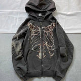 Gothic Streetwear Skeleton Print Oversize Hoddie Women Punk Harajuku Hip Hop Zipper Sweatshirt Female Mall Goth