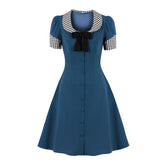 Women Single-Breasted Vintage Dress Bow Front Knee Length A-Line Button 1950s Style Office Ladies Tunic Shirt