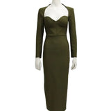Autumn Women Long Sleeved Bandage Dress Sexy V Neck Green Black Bodycon Celebrity Evening Club Midi Party Dress