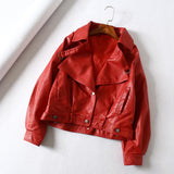 Women Faux Leather Jacket Batwing Sleeve Vintage Biker Coat Short Zipper Motor PU Red Jacket Spring Street Leather