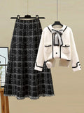Fall Winter Knitwear Two Piece Sets For Women Outfits French Vintage Fragrance Bow Bandage Knitted Sweater+Plaid Skirt