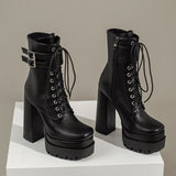 Platform Women Punk Boots Square Toe Super High Heel Ankle Boots Lace Up Zipper Motorcycle Boots Autumn Winter Lady