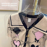 Sailor Collar V-neck Knitted Crop Tops Y2k Aesthetic Eyes Heart Graphic Tee Woman Tshirts Sweet Girl Korean Ladies