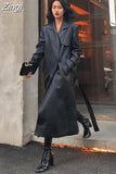 Spring Autumn Long Black Soft Pu Leather Trench Coat for Women Belt Double Breasted Cool Handsome European Fashion