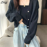 Autumn Women Knitted Two Piece Set Long Sleeve Loose Knitted Cropped Cardigan + Spaghetti Strap Camisole Top Clothing