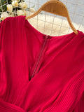 Vintage Women Pleated Long Dress Elegant V-Neck Puff Short Sleeve High Waist A-Line Ruffle Draped Big Swing Maxi Robe