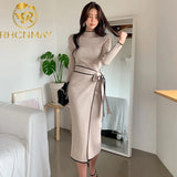 Patchwork Slim Woman Dress Vintage Full Sleeve Knitted Midi Dress Women Autumn Winter Elegant Sweater Knit Dress