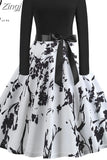Print Vintage Women New Spring Elegant Party Long Sleeve Casual Black Patchwork Midi