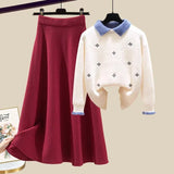 Knitted Two Piece Set Womens Outfits Korean Casual Turn Down Collar Long Sleeve Embroidery Knitted Sweater+skirts