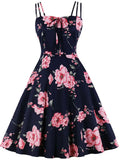Front A Line Vintage Elegant Floral Party Flare Dress Women Summer Spaghetti Strap Shirred Back Cotton Retro Dresses