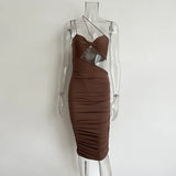 Off-shoulder Backless Bodycon Sexy Dress For Women Summer Brown Sleeveless Strapless Ruched Party Madi