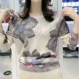 Winter Round Neck Floral Print Bronzing T-shirt Lady Oversized Long Sleeve Loose Casual Pullover Top Women Bottoming