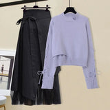 Women Winter Patchwork Long Sleeve Knitted Tops + Asymmetric Skirt 2 Piece Suit Female Party Elegant Two Piece