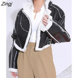 2023 New Autumn And Winter Turn-down Collar Full Sleeves PU Leather Flocking Waist Jacket Female Coat Tide Warm