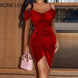 Women Solid Elegant Flannel Spaghetti Strap Short Sleeves Shirring Midi Formal Party Sexy